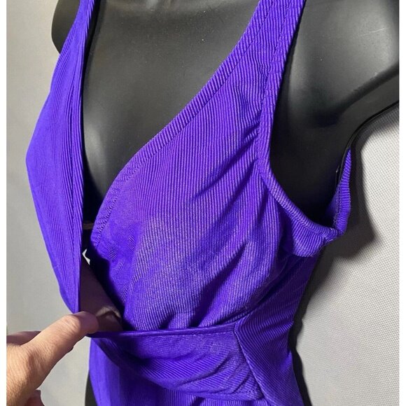 Vintage Bathing Suit Shell Beach One Piece Purple Crossover Front Ribbed EST. Lg - Picture 11 of 12